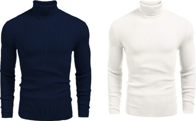 HouseOfCommon Solid Turtle Neck Casual Men Black, White Sweater