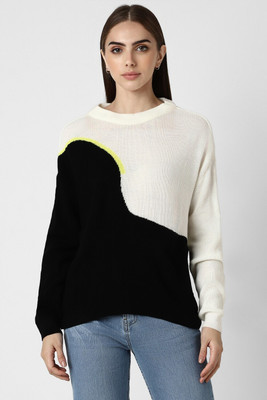 VAN HEUSEN Colorblock Round Neck Casual Women Black, White Sweater