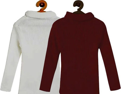 100LUCK Self Design High Neck Casual Boys & Girls Maroon, White Sweater