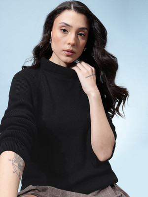 Glitchez Self Design Turtle Neck Casual Women Black Sweater