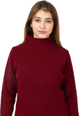 TEE TREE Solid High Neck Casual Women Maroon Sweater