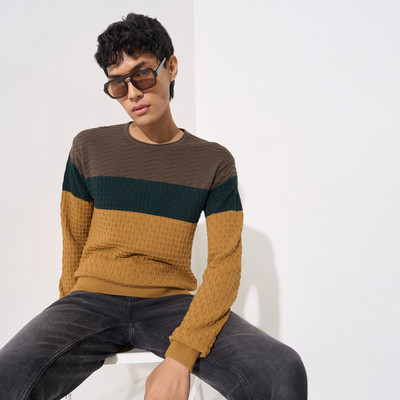 PEOPLE Colorblock Round Neck Casual Men Brown Sweater