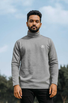 Krop Fashion Solid High Neck Casual Men Grey Sweater