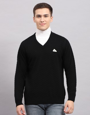 MONTE CARLO Self Design V Neck Casual Men Black Sweater