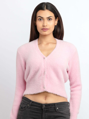 Status Quo Solid V Neck Casual Women Pink Sweater