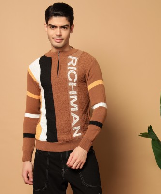 HELL BOUND Self Design Round Neck Casual Men Brown Sweater