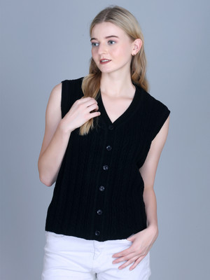 OBAAN Self Design V Neck Casual Women Black Sweater