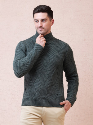 NOQUO Self Design Turtle Neck Casual Men Green Sweater