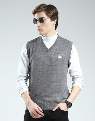 MONTE CARLO Solid V Neck Casual Men Grey Sweater