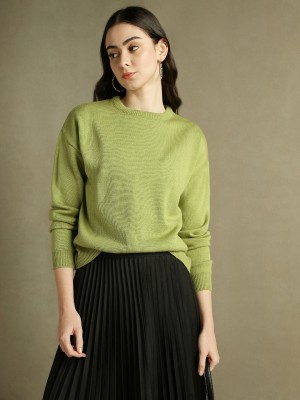 DL Woman Solid Round Neck Casual Women Green Sweater