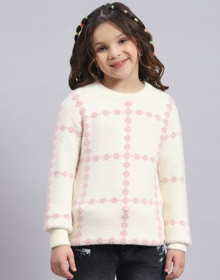 MONTE CARLO Checkered Round Neck Casual Girls Beige Sweater