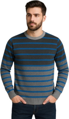 METRONAUT Striped Round Neck Casual Men Blue Sweater
