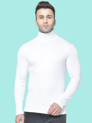 COSLETIC Solid High Neck Casual Men White Sweater