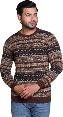 Grand Line Printed Round Neck Casual Men Brown Sweater