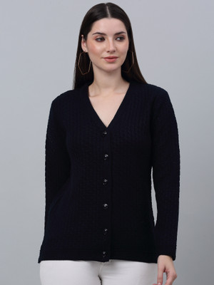 CANTABIL Self Design V Neck Casual Women Dark Blue Sweater