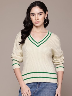 Roadster Solid V Neck Casual Women Gold Sweater