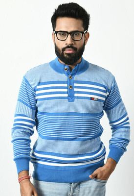 WoolCraft Colorblock Turtle Neck Casual Men Light Blue Sweater