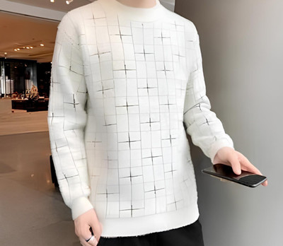 Ucollection Striped Round Neck Casual Men White Sweater