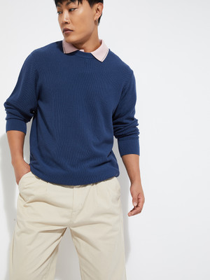 MAX Self Design Round Neck Casual Men Blue Sweater