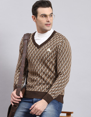 MONTE CARLO Self Design V Neck Casual Men Brown Sweater