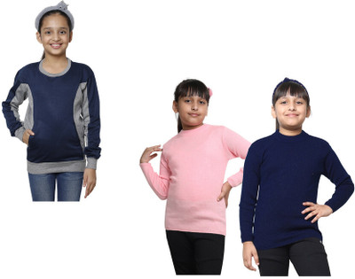 KAVYA Solid Round Neck Casual Girls Multicolor Sweater