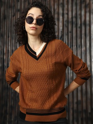 High Star Self Design V Neck Casual Women Brown Sweater