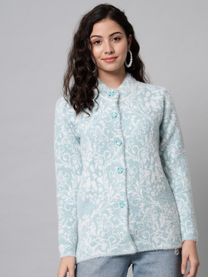 eWools Printed Round Neck Casual Women Light Blue Sweater