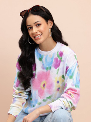 Mast & Harbour Printed Round Neck Casual Women White Sweater