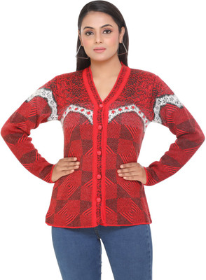 WOOL 4U Embroidered V Neck Casual Women Red Sweater