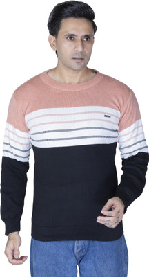 Harjot Striped Round Neck Casual Men Orange Sweater