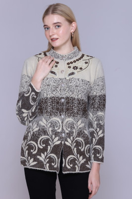FASHSTORE Floral Print Mandarin Neck Casual Women Beige Sweater