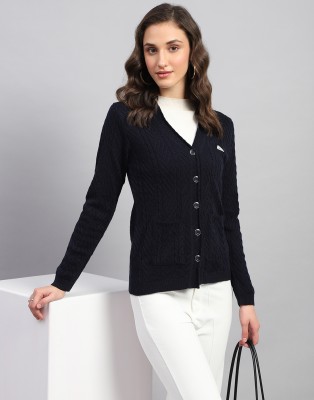 MONTE CARLO Self Design V Neck Casual Women Dark Blue Sweater