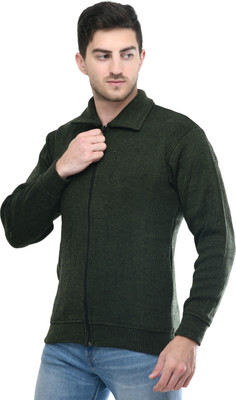 WoolCraft Striped Collared Neck Casual Men Green Sweater