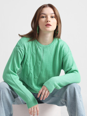 ONLY Self Design Round Neck Casual Women Green Sweater