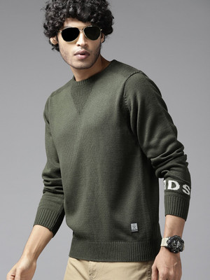 Roadster Solid Round Neck Casual Men Green Sweater