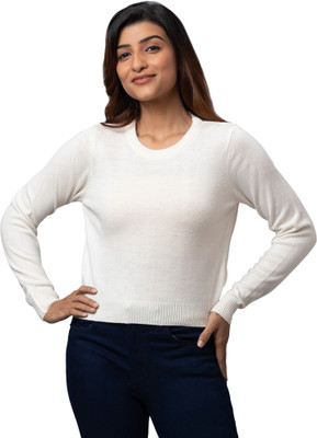 Globus Solid Round Neck Casual Women White Sweater