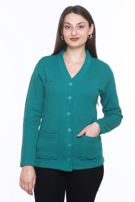 ENOV Self Design V Neck Casual Women Green Sweater