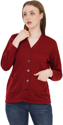 LE ARC Solid V Neck Casual Women Maroon Sweater