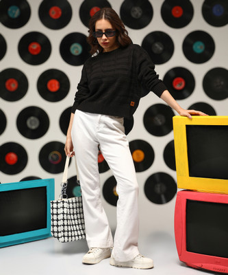 CAMPUS SUTRA Self Design Round Neck Casual Women Black Sweater