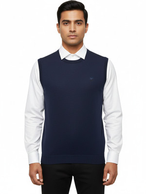 VOMAZO Solid V Neck Formal Men Dark Blue Sweater