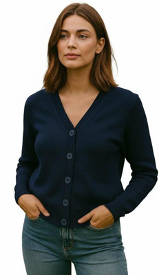 urban trees Solid Mandarin Neck Casual Women Blue Sweater