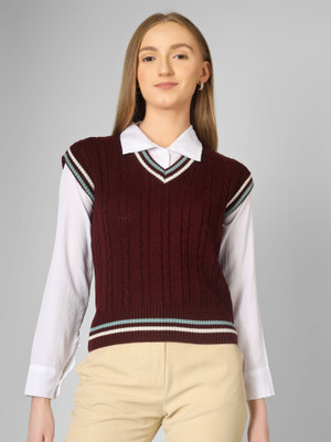 DREAMDIVA Self Design V Neck Lounge Wear Women Maroon Sweater