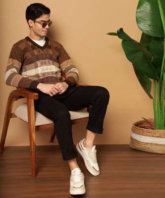 CANBLAR Self Design V Neck Casual Men Brown Sweater
