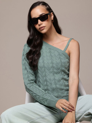 Roadster Self Design Off Shoulder Casual Women Green Sweater