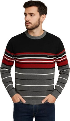 IRA CHOICE Striped Round Neck Casual Men Black Sweater