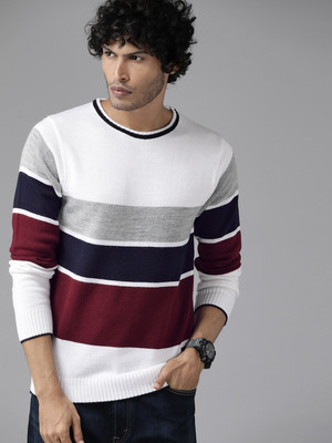 Roadster Striped Round Neck Casual Men White Sweater