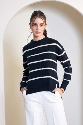 SALT ATTIRE Striped Round Neck Formal Women Blue Sweater