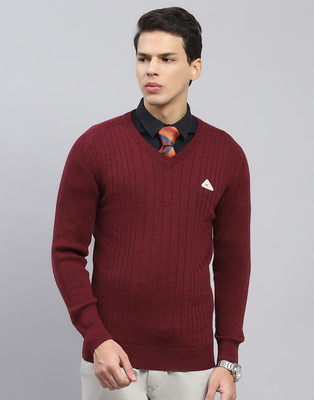 MONTE CARLO Solid Mandarin Neck Casual Men Maroon Sweater