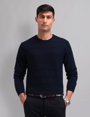 AD by Arvind Self Design Round Neck Casual Men Blue Sweater