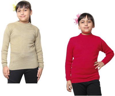 Indistar Solid Round Neck Casual Girls Beige, Maroon Sweater
